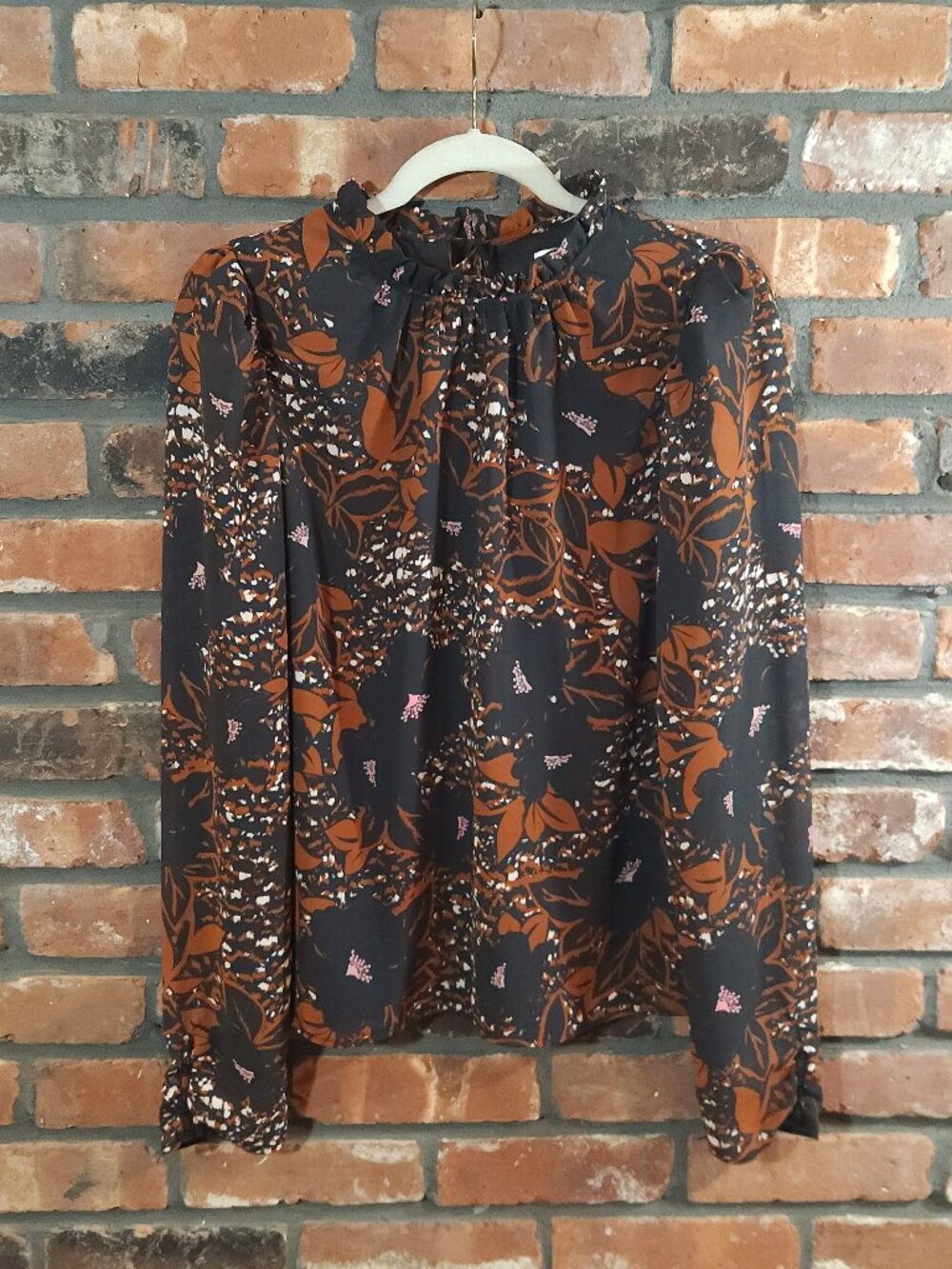 Peter Som Collection Puff Sleeve Floral Print Ruffled High Neck Blouse Women's 8 - Picture 2 of 7